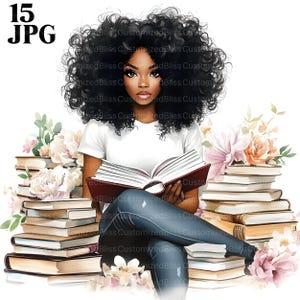 Könnte beinhalten: Eine Frau mit lockigem schwarzem Haar sitzt auf einem Stapel Bücher und liest ein Buch. Sie trägt ein weißes T-Shirt und eine blaue Jeans. Um sie herum befinden sich rosa und weiße Blumen.