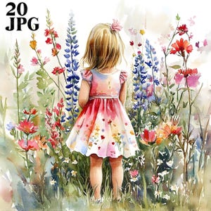 20 Girl In Flowers, Flower Clipart, Wildflowers Clipart, High Quality JPGs, Watercolor Clipart, Junk Journal, Digital Download, Paper Craft