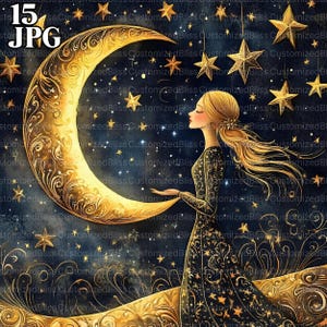 Clip art de sueños celestiales, 15 archivos JPG de acuarela de alta resolución para diarios basura, álbumes de recortes, creación de tarjetas, descarga digital, clipart de cielo nocturno
