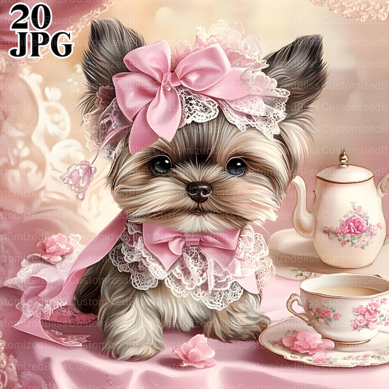 May include: A small, brown and black Yorkshire Terrier dog wearing a pink and white lace dress and a pink bow. The dog is sitting on a pink and white floral patterned surface. There is a teapot and a teacup with a saucer in the background.