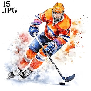15 Ice Hockey Clipart, Ice Hockey Player, Watercolor Hockey, Printable Watercolor Clipart, High Quality JPGs, Digital Download, Paper Craft