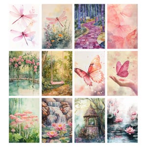 May include: A set of ten watercolor paintings featuring nature scenes with butterflies, dragonflies, flowers, and a waterfall. The paintings are in a soft, romantic style with a pastel color palette.