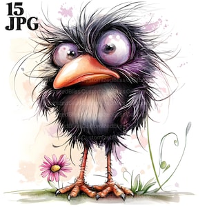 15 verrückter Rabe Clip Art, lustiger Vogel Clipart, schrulliges Tier, hochwertige JPGs, digitaler Download, Aquarell Clipart, kommerzielle Lizenz