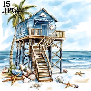 15 Beach House Clipart, Beach Clipart, Summer Clipart, High Quality JPGs, Watercolor Clipart, Junk Journal, Digital Download, Paper Craft