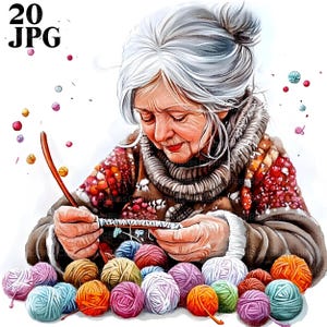 20 Senior Lady Knitting Clipart, Grandma Crochet Clipart, High Quality JPGs, Watercolor Clipart, Junk Journal, Digital Download, Paper Craft