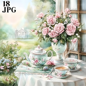 18 imágenes prediseñadas de té, té floral, imágenes prediseñadas de taza de té, imágenes prediseñadas de rosas, imágenes prediseñadas de jardín, Shabby Chic, imágenes prediseñadas de acuarela, diario basura, descarga digital