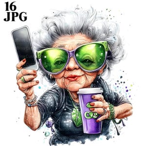 16 Lustige alte Dame Selfie Clipart, Senior Grafiken, Oma Selfie, hochwertige JPGs, Aquarell Clipart, Junk Journal, digitaler Download