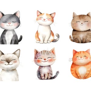 May include: Six watercolor illustrations of cats with different fur colors and patterns. The cats are all smiling and have their eyes closed. The cats are all sitting on a white background.