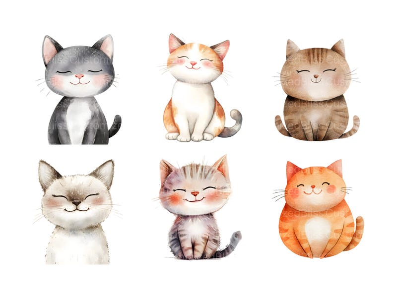 May include: Six watercolor illustrations of cats with different fur colors and patterns. The cats are all smiling and have their eyes closed. The cats are all sitting on a white background.