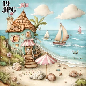 Grillige strandvakantie illustraties, 19 high-res aquarel jpg's voor junk journaling, scrapbooking, kaarten maken strand clipart digitale download