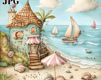 Whimsical Beach Vacation Clip Art, 19 High Res Watercolor JPGs For Junk Journaling, Scrapbooking, Card Making Beach Clipart Digital Download