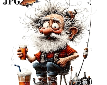 Quirky Old Fisherman Clipart, Fishing Clipart, Fish Clipart, 14 High Quality JPGs, Watercolor Clipart, Junk Journal, Digital Download, Craft