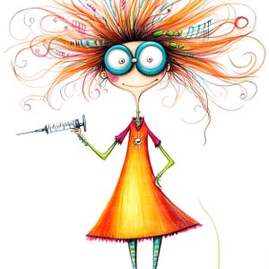 May include: A cartoon illustration of a girl with bright orange hair, wearing a yellow dress, blue glasses, and holding a syringe. The girl has a whimsical and playful expression.