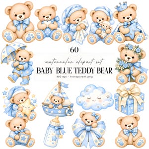 Peut inclure: Un ensemble de 60 illustrations à l'aquarelle représentant des ours en peluche dans diverses poses avec des accents bleu bébé, incluant des ours avec des nœuds, bonnets, couronnes, parapluies et jouets, un nuage, un voilier et un cadeau avec texte.