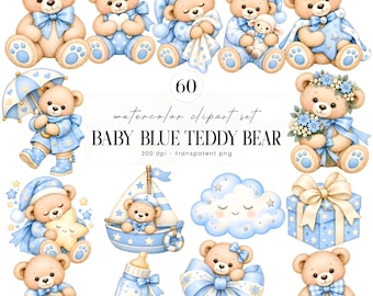 Blue Teddy Bear Clipart Bundle, Watercolor Baby Boy Clipart, Blue Teddy PNG, New Born Clipart, Cute Nursery Clipart, Baby Shower Clipart