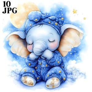 10 Elefante Clipart, Animais Sonolentos Clipart, Dormindo Clipart, Pijamas Clipart, Berçário Clipart, JPGs de Alta Qualidade, Download Digital, Artesanato