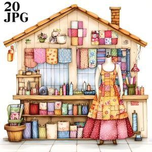 Puede incluir: Ilustración en acuarela de una tienda de costura. Un maniquí exhibe un vestido de patchwork. Estantes repletos de carretes de hilo, rollos de tela y artículos de costura. La imagen incluye el texto "20 JPG".
