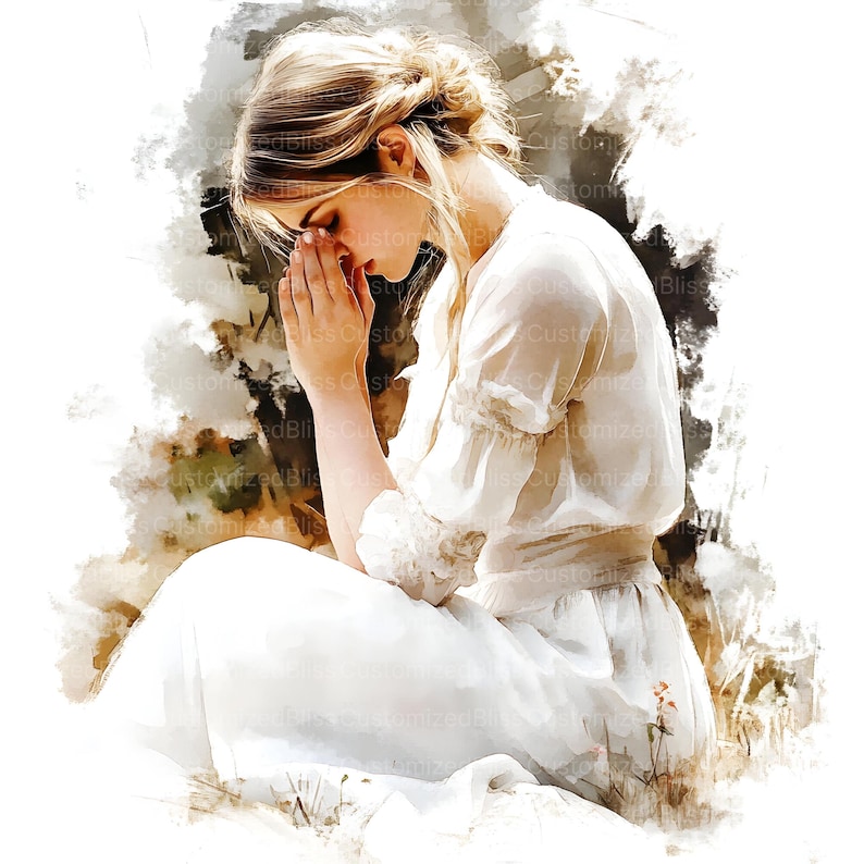 May include: A woman in a white dress with her hands clasped in prayer, sitting in a field of grass with a watercolor effect.