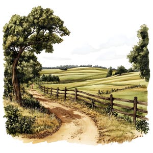 May include: A watercolor painting of a dirt road winding through a green field with a wooden fence on the right side. The road leads to a rolling hill in the distance.