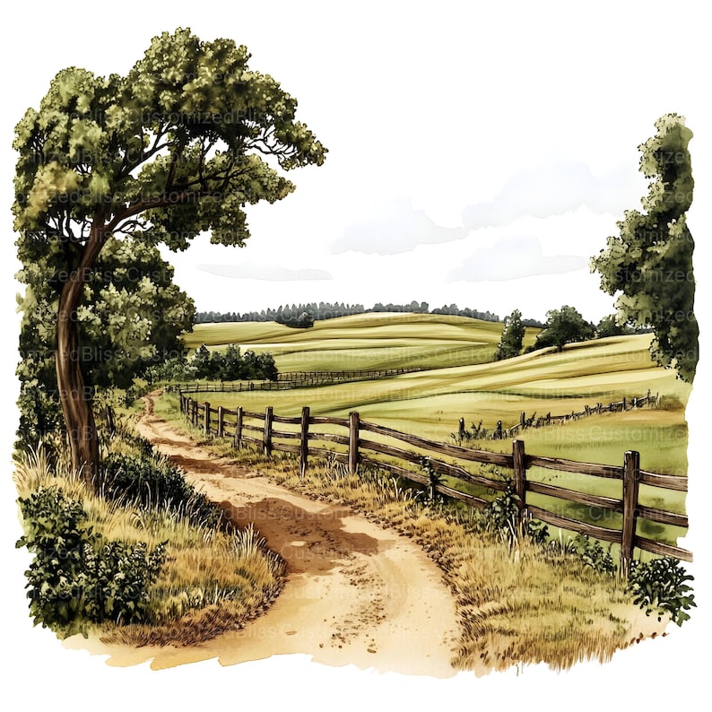 May include: A watercolor painting of a dirt road winding through a green field with a wooden fence on the right side. The road leads to a rolling hill in the distance.
