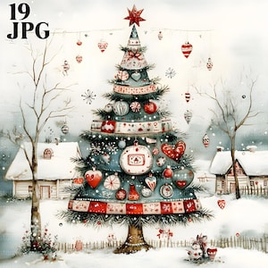 Clip Art de árbol de Navidad de calicó, 19 archivos JPG de alta calidad, imágenes prediseñadas de acuarela, diario basura, álbumes de recortes, creación de tarjetas, descarga digital, invierno