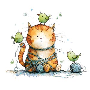Puede incluir: Ilustración en acuarela de un gato atigrado naranja enredado en hilo azul, con tres pájaros verdes posados sobre el gato y el hilo. El gato tiene una expresión dulce, y los pájaros añaden un toque juguetón al diseño.