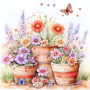 Puede incluir: Ilustraci&oacute;n en acuarela de macetas con flores en tonos rosa, morado, naranja y amarillo. Mariposas revolotean sobre las macetas. Las macetas tienen una franja roja y dise&ntilde;os florales.