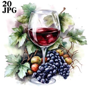 20 Glass of Wine Clipart, Glass Clipart, Grape Clipart, High Quality JPGs, Watercolor Clipart, Junk Journal, Digital Download, Paper Craft