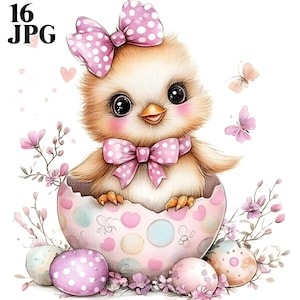 16 pollitos sonrientes en un huevo decorado, ilustración de pollitos de Pascua, arte digital de primavera para manualidades, pollitos, descarga digital, JPG
