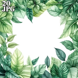 20 Green Leaves Frame Clipart, Greenery Border, High Quality JPG, Watercolor Clipart, Junk Journal, Digital Download, Paper Craft, Printable