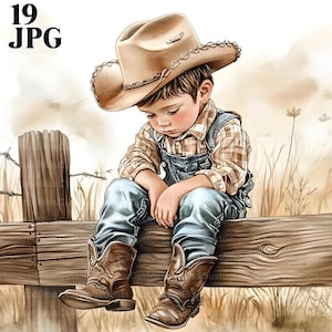 Kleiner Cowboy auf Zaun Clipart Bundle, 19 hochauflösende Aquarell JPGs Junk Journaling, Scrapbook, Papierhandwerk, Digital Download, Ranch Clipart