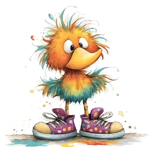 Op de afbeelding: Een cartoonillustratie van een pluizige, oranje en blauwgroene vogel met grote ogen en een gele snavel. De vogel draagt oversized paarse sneakers met witte veters en kleurrijke stippen, staand op een ondergrond met verspreide verfspatten.