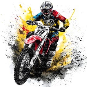 May include: Illustration of a motocross rider on a red and white dirt bike, number 78 on the front. The rider wears a helmet and colorful gear. Splashes of yellow, red, and black surround the bike, creating a dynamic effect.