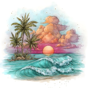 Może przedstawiać: Akwarelowa ilustracja tropikalnej plaży z trzema palmami na małej wyspie, jasnopomarańczowym słońcem zachodzącym nad turkusowym oceanem z falami oraz puszystymi różowo-pomarańczowymi chmurami na tle jasnoniebieskiego nieba.