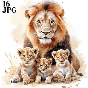 16 imágenes prediseñadas de familia de leones, imágenes prediseñadas de león y leona, JPG de alta calidad, imágenes prediseñadas de acuarela, diario basura, descarga digital, imágenes prediseñadas de papel
