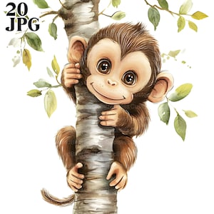 Pacote de 20 clipart de macacos fofos e engraçados, macaco fofo, JPGs de alta qualidade, clipart de aquarela, diário de lixo, download digital, artesanato em papel