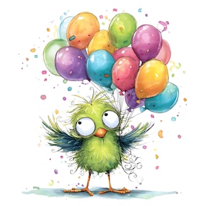 Op de afbeelding: Een pluizige groene vogel met grote, expressieve ogen en gespreide vleugels, die een grote bos kleurrijke ballonnen in tinten geel, roze, blauw, paars en groen vasthoudt, omringd door verspreide confetti tegen een effen witte achtergrond.