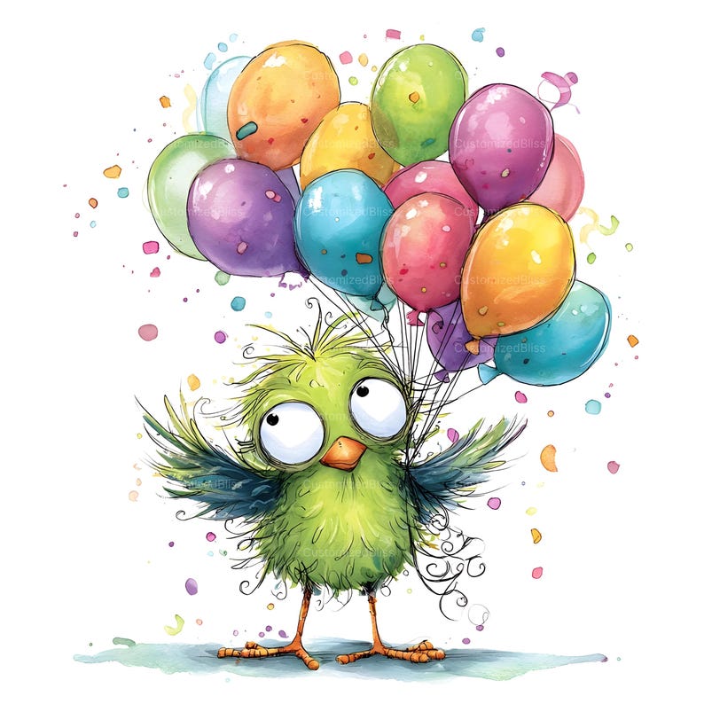 Op de afbeelding: Een pluizige groene vogel met grote, expressieve ogen en gespreide vleugels, die een grote bos kleurrijke ballonnen in tinten geel, roze, blauw, paars en groen vasthoudt, omringd door verspreide confetti tegen een effen witte achtergrond.