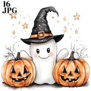 Pode incluir: Ilustração de Halloween com um fantasma amigável usando um chapéu de bruxa preto com detalhes dourados. Duas abóboras laranja esculpidas ladeiam o fantasma. Estrelas douradas e galhos completam o design festivo.