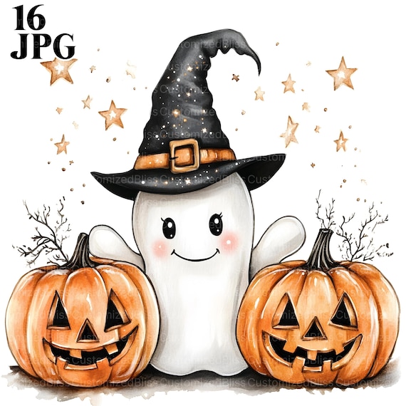 16 Cute Ghost Clipart, Watercolor Ghost, Halloween Clipart, High Quality JPG, Watercolor Clipart, Junk Journal, Digital Download Paper Craft