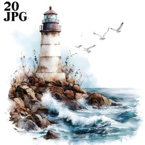20 Clipart faro, Clipart nautico, Clipart oceano, JPG di alta qualità, Clipart acquerello, Junk Journal, Download digitale, Carta artigianale