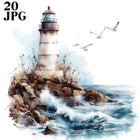 20 Lighthouse Clipart, Nautical Clipart, Ocean Clipart, High Quality JPGs, Watercolor Clipart, Junk Journal, Digital Download, Paper Craft