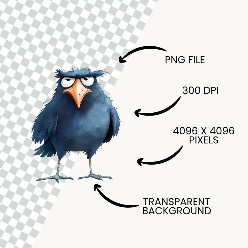 May include: A cartoon illustration of a blue bird with a grumpy expression. The bird has a large, round body, short legs, and a long, pointed beak. The bird's eyes are small and black, and its eyebrows are furrowed. The bird is standing on a white background.