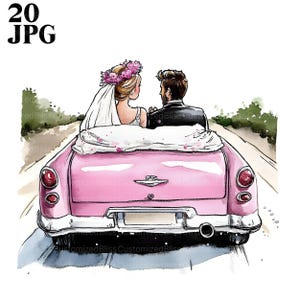 20 imágenes prediseñadas de novios en un coche recién casado, coche clásico, imágenes prediseñadas de boda, archivos JPG de alta calidad, diario basura, descarga digital, imágenes prediseñadas