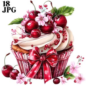 18 imágenes prediseñadas de cupcakes de cerezas, imágenes prediseñadas de cerezas, imágenes prediseñadas de cupcakes de bayas, imágenes prediseñadas de postres, JPG de alta calidad, diario basura, descarga digital, manualidades