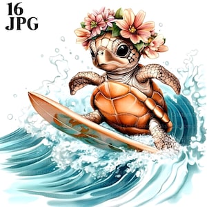 16 Meeresschildkröte Clipart mit Blumenkrone auf Surfbrett, hochwertige JPGs, Aquarell Clipart, Junk Journal, digitaler Download, Papiermodell