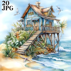 Clip Art di Whimsical Beach House, 20 JPG ad acquerello ad alta risoluzione per Junk Journaling, Scrapbooking, lavori di carta, download digitale, clipart di spiaggia