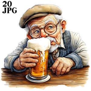 20 Lustiger alter Mann mit Bier Clipart, Opa Clipart, hochwertige JPGs, Aquarell Clipart, Junk Journal, digitaler Download, Papiermodelle