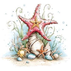 May include: A watercolour illustration of a beach scene. A large pink starfish with a yellow centre sits atop seashells. Other starfish, coral, and blue-green seaweed are also present. Blue bubbles and small blue stones complete the scene.