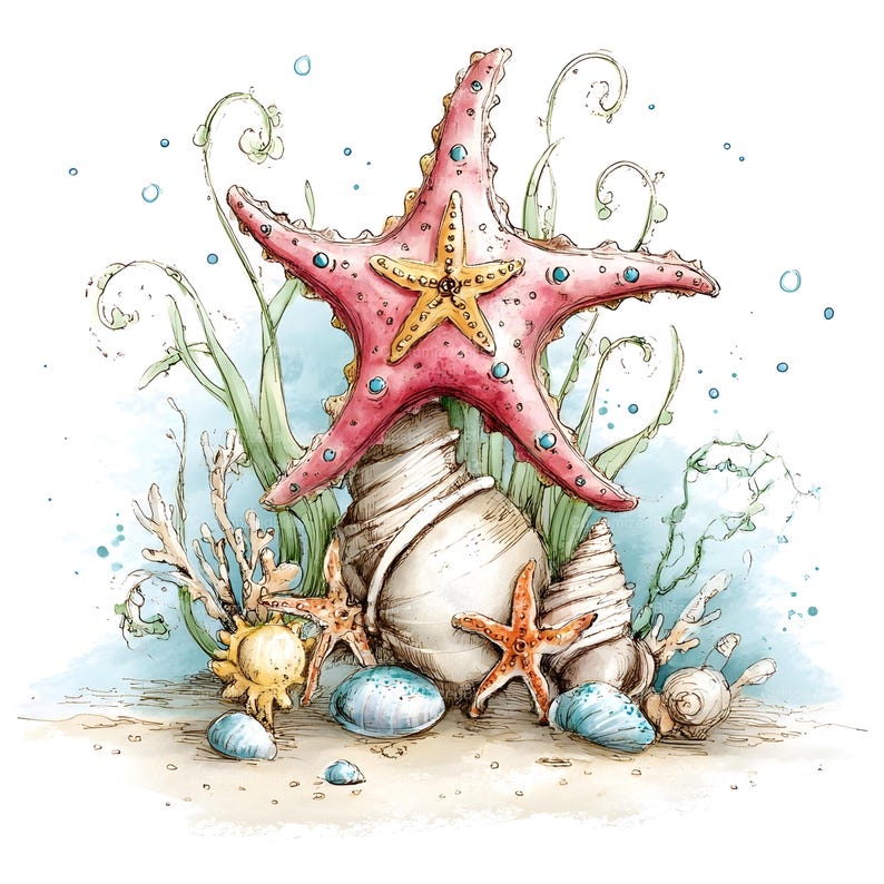 May include: A watercolour illustration of a beach scene. A large pink starfish with a yellow centre sits atop seashells. Other starfish, coral, and blue-green seaweed are also present. Blue bubbles and small blue stones complete the scene.